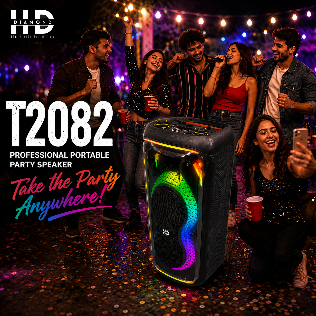 HD-T2082 Professional Portable Party Speaker with Dual 8" Woofers & Dragon Tail RGB Light